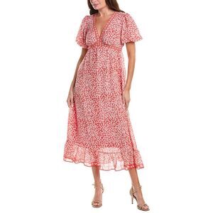 Max Studio Womens  Bubble Sleeve V-Neck Empire Waist Midi Dress, Red
